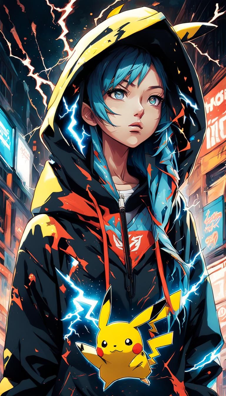 Girl in Pikachu Hoodie: Graffiti Art, Anime Style