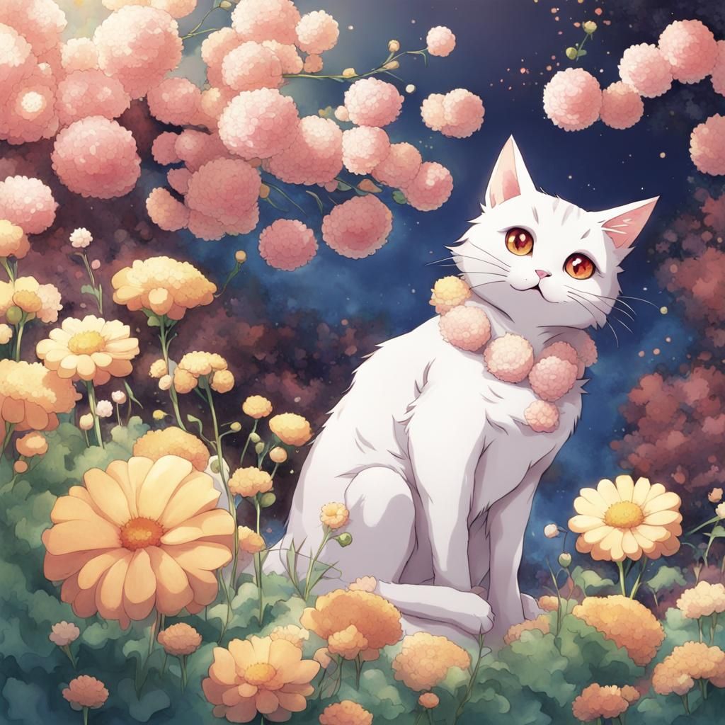 Anime Style Flower Cat Composition