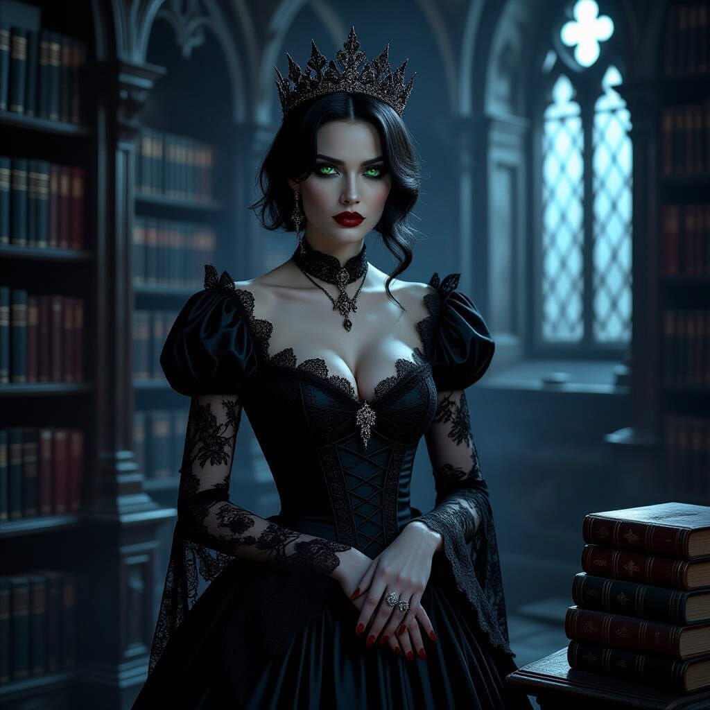 A sorrowful vampire King with short, raven hair and emerald ...