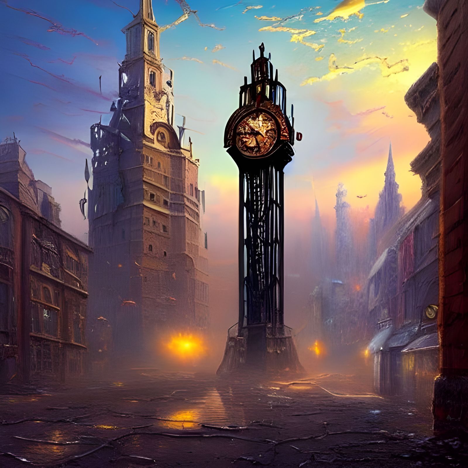 Melting Clock Tower in Post-Apocalyptic Cityscape