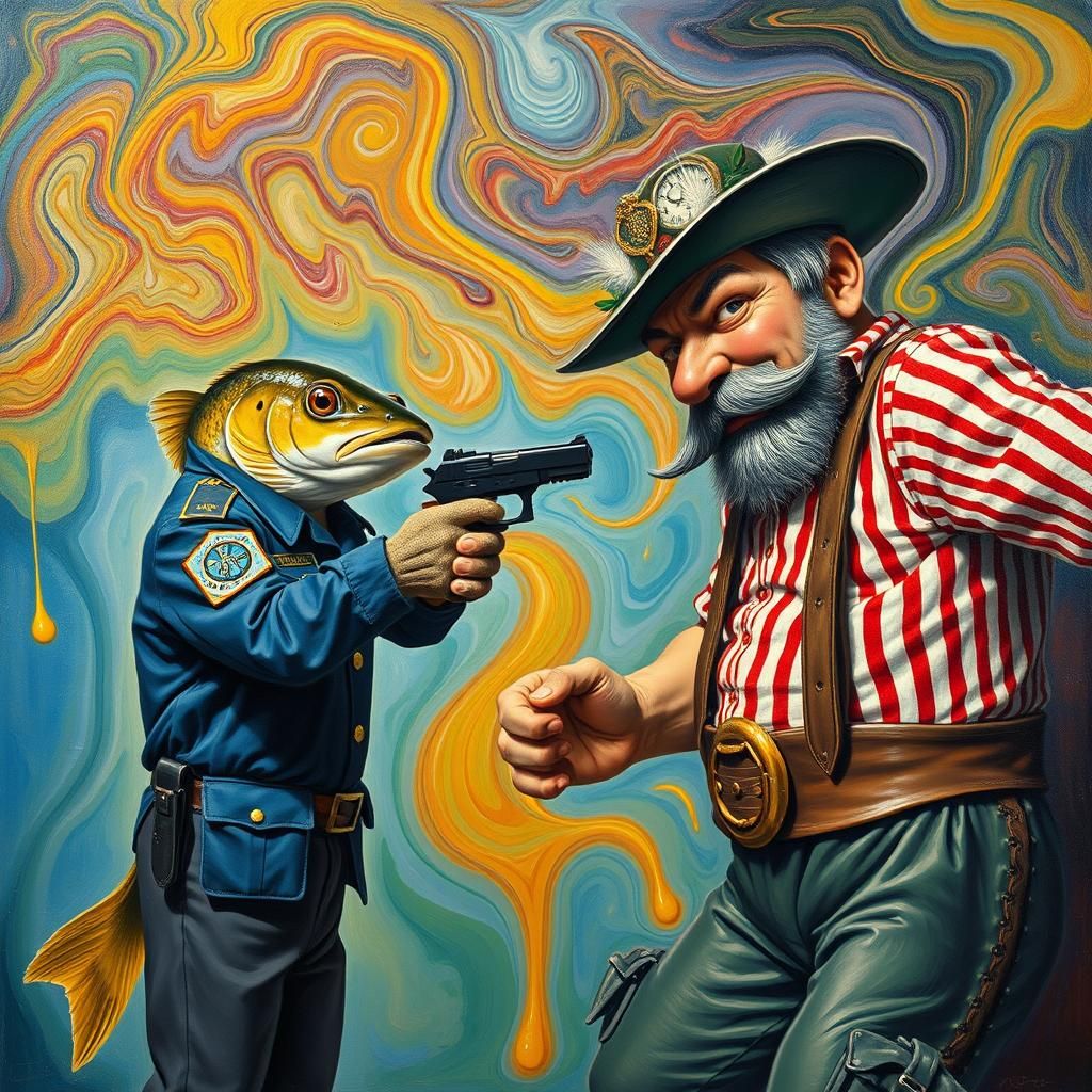 Trout Officer Confronts Fisherman in Dali-esque Dreamscape