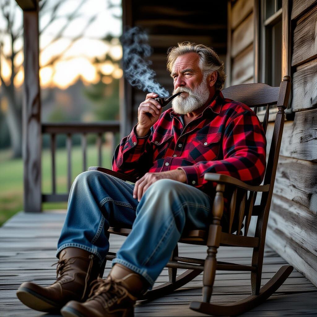 Grumpy Old Man on Rustic Porch in Cinematic Lighting