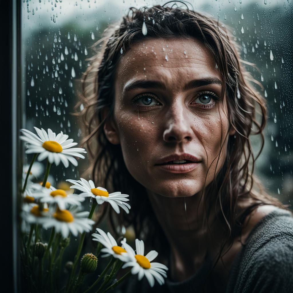 Young Woman with Daisies in Rainy Window