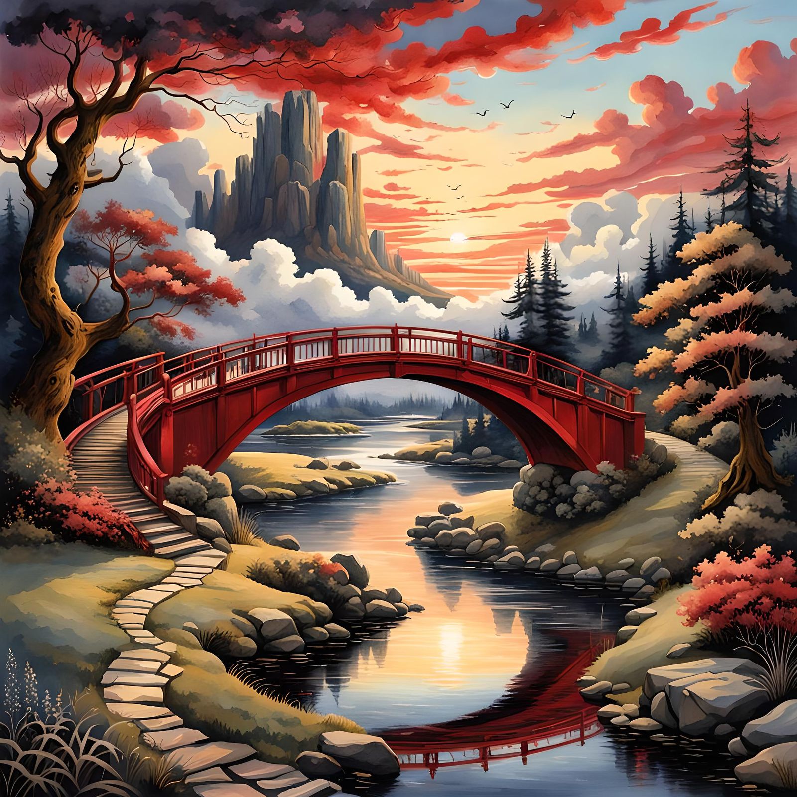 Red Bridge Over River Watercolor Art