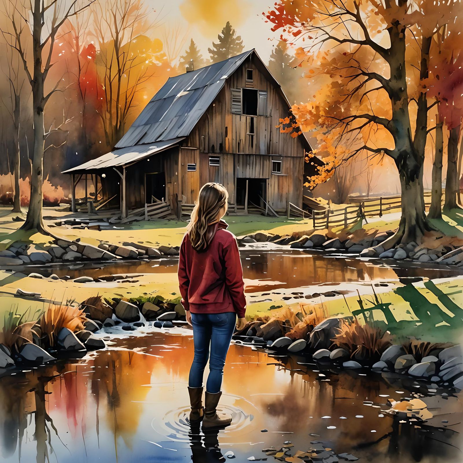 Autumn Farm Sunset in Watercolor Style