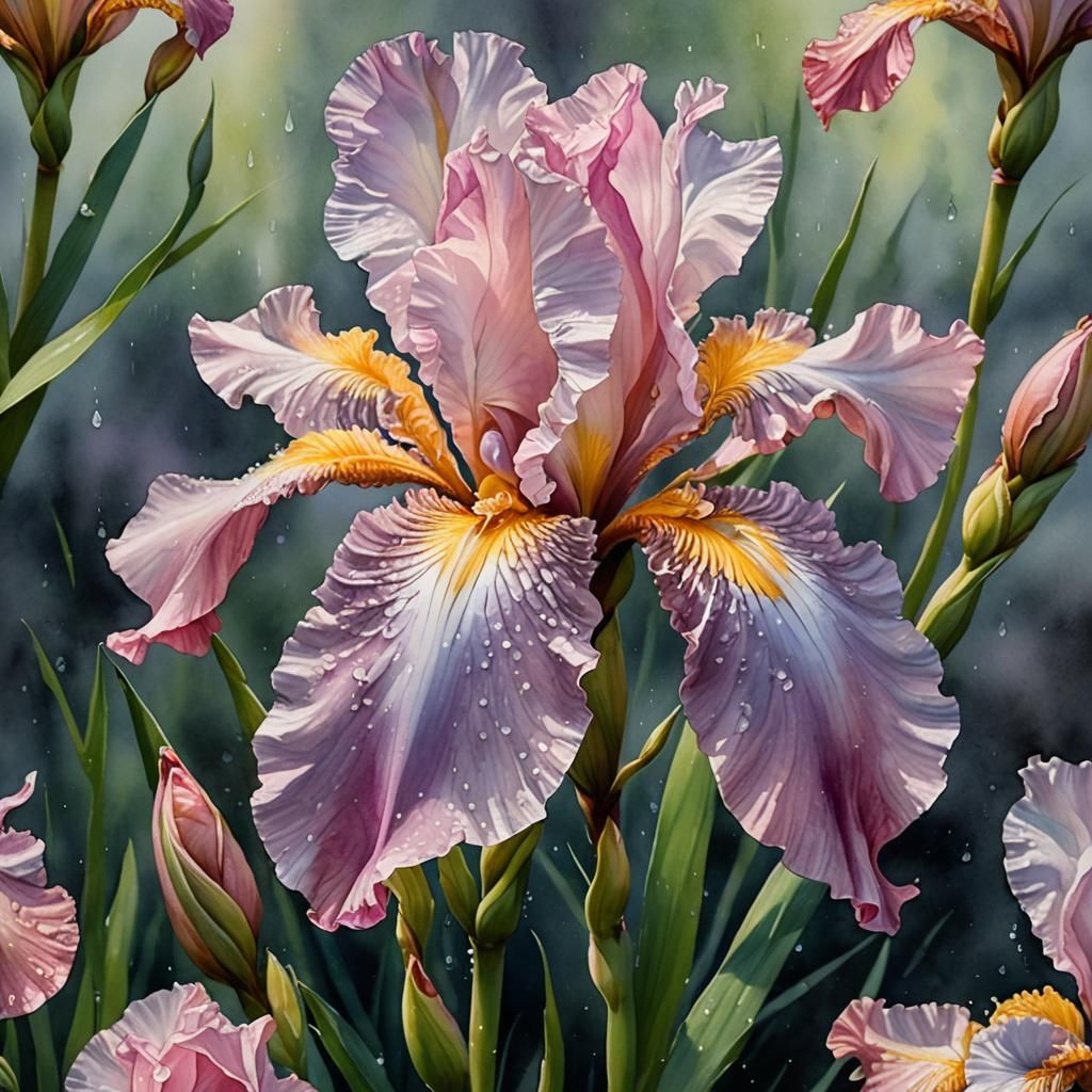 Pink Iris with Dewdrops Watercolor Painting