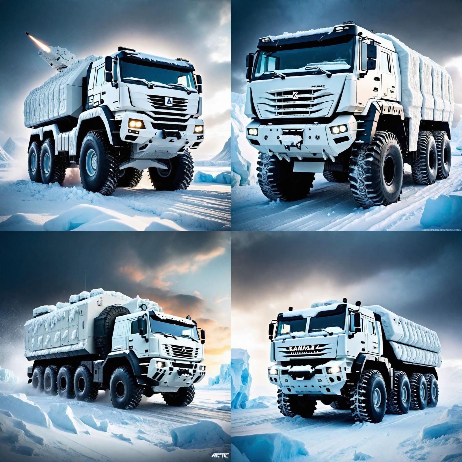 insanely_intricate gorgeous futuristic arctic_kamaz 8x8, dynamic snowy lighting, crazy polar battle scene