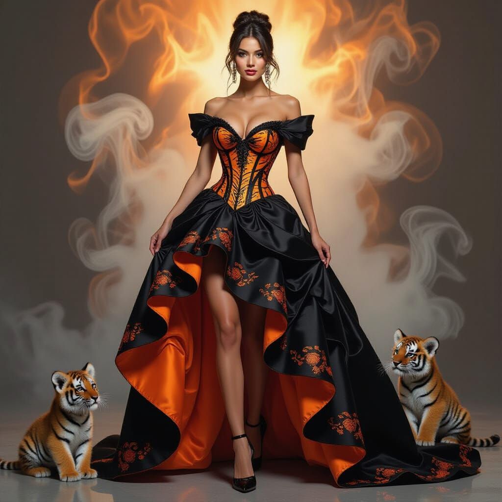Elegant Lady in Tiger Corset Dress of Fire and Smoke