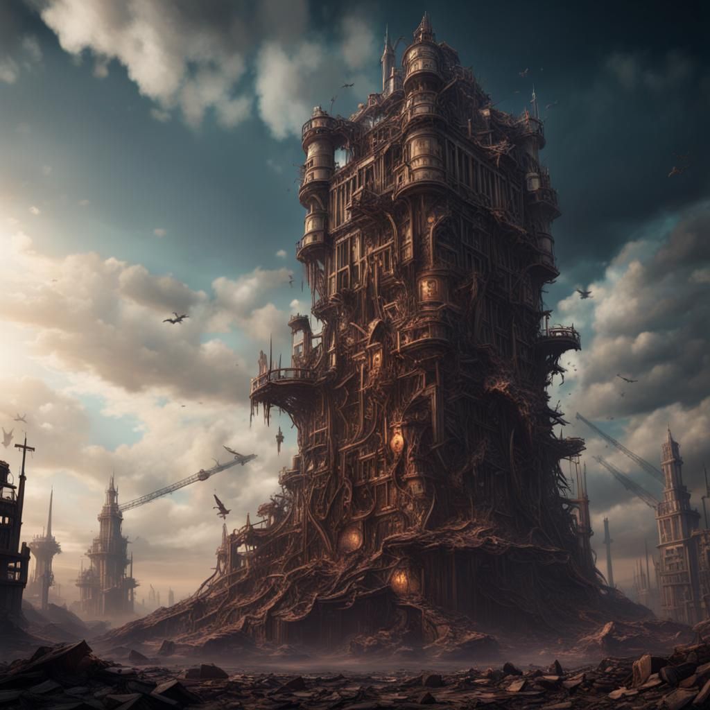 Dystopian Tower of Addiction: Detailed Matte Painting