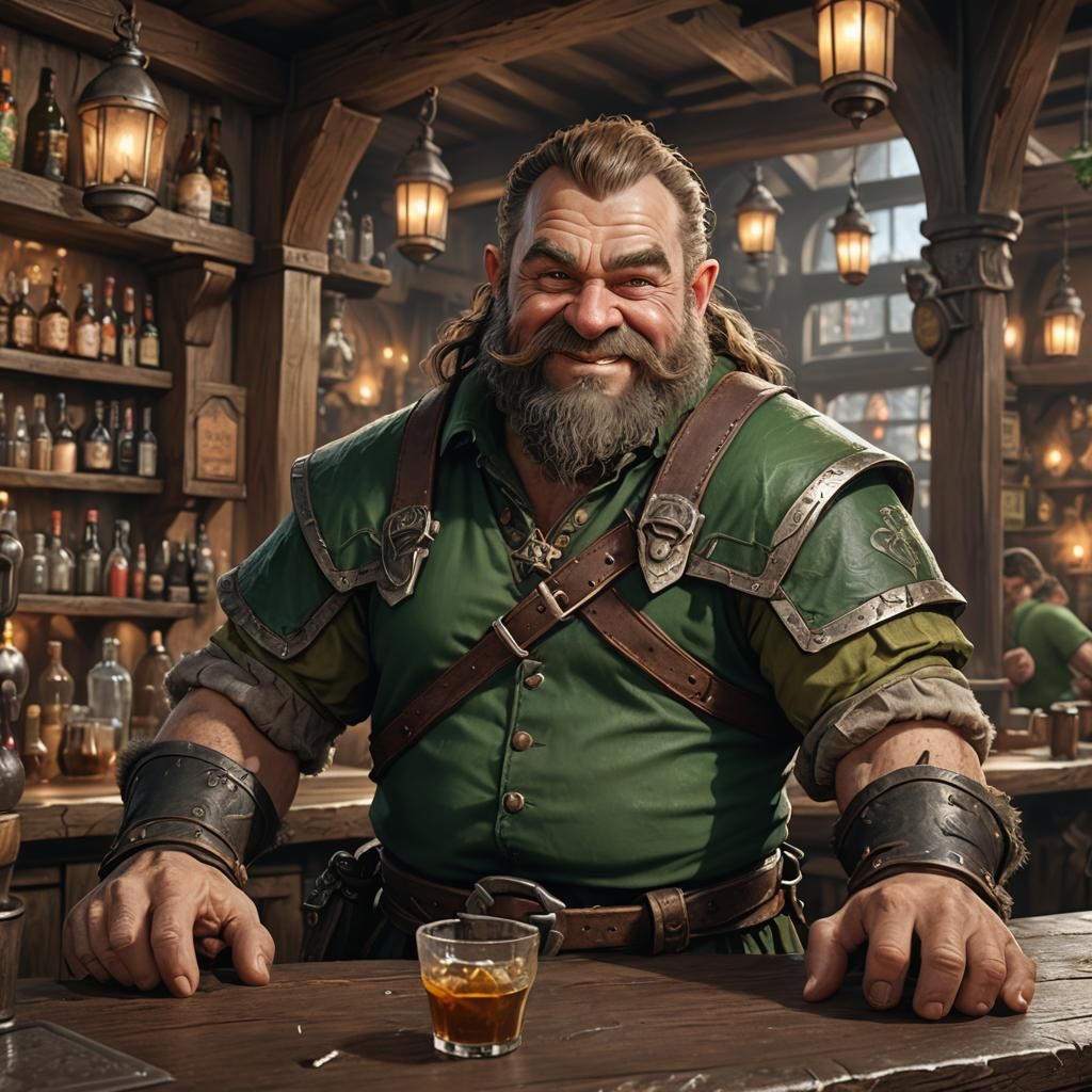 Happy Dwarf Bartender in Fantasy Tavern