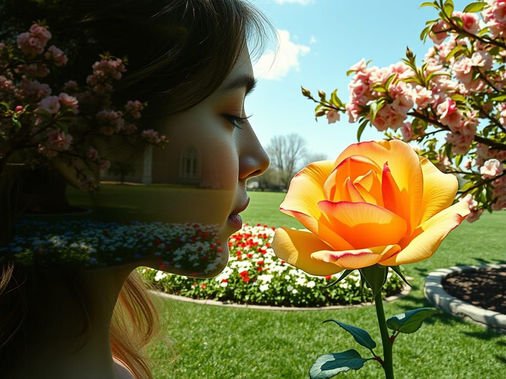 Woman in Profile Surrounded by Vibrant Spring Blooms