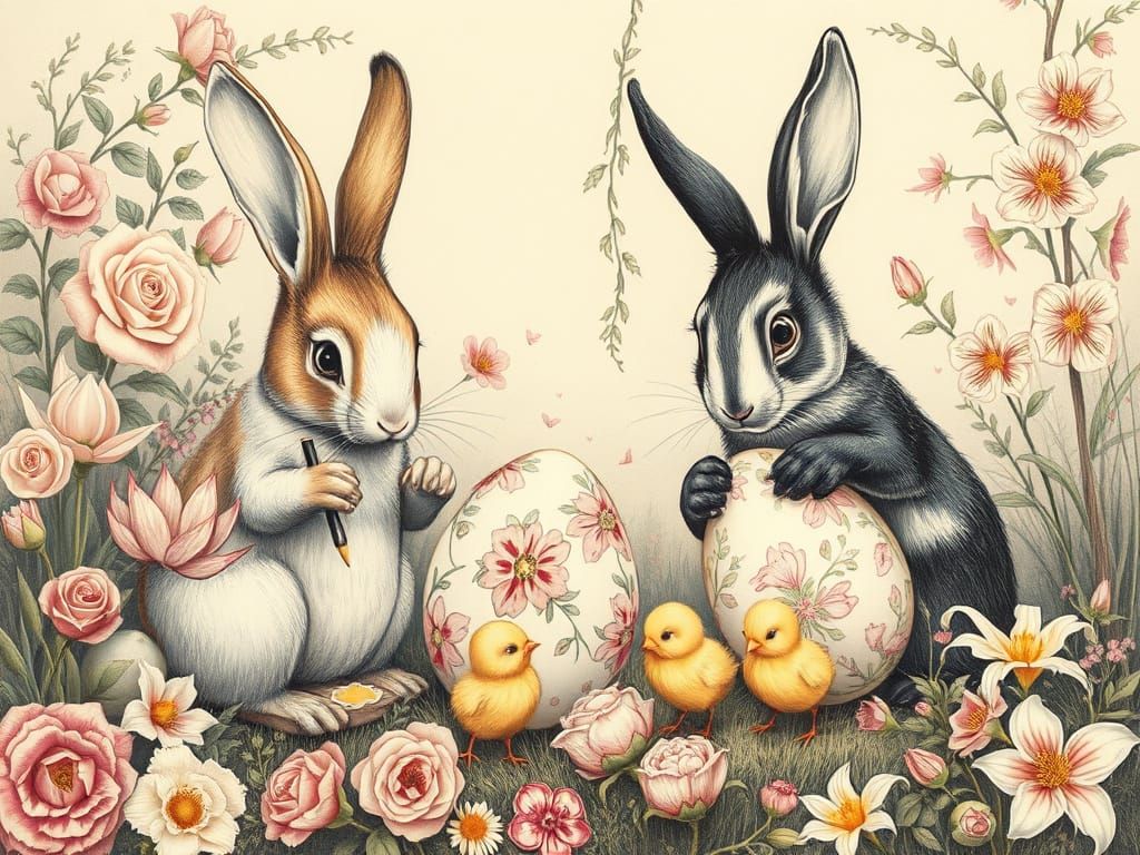 Whimsical Easter Egg Painting by Bunny Friends