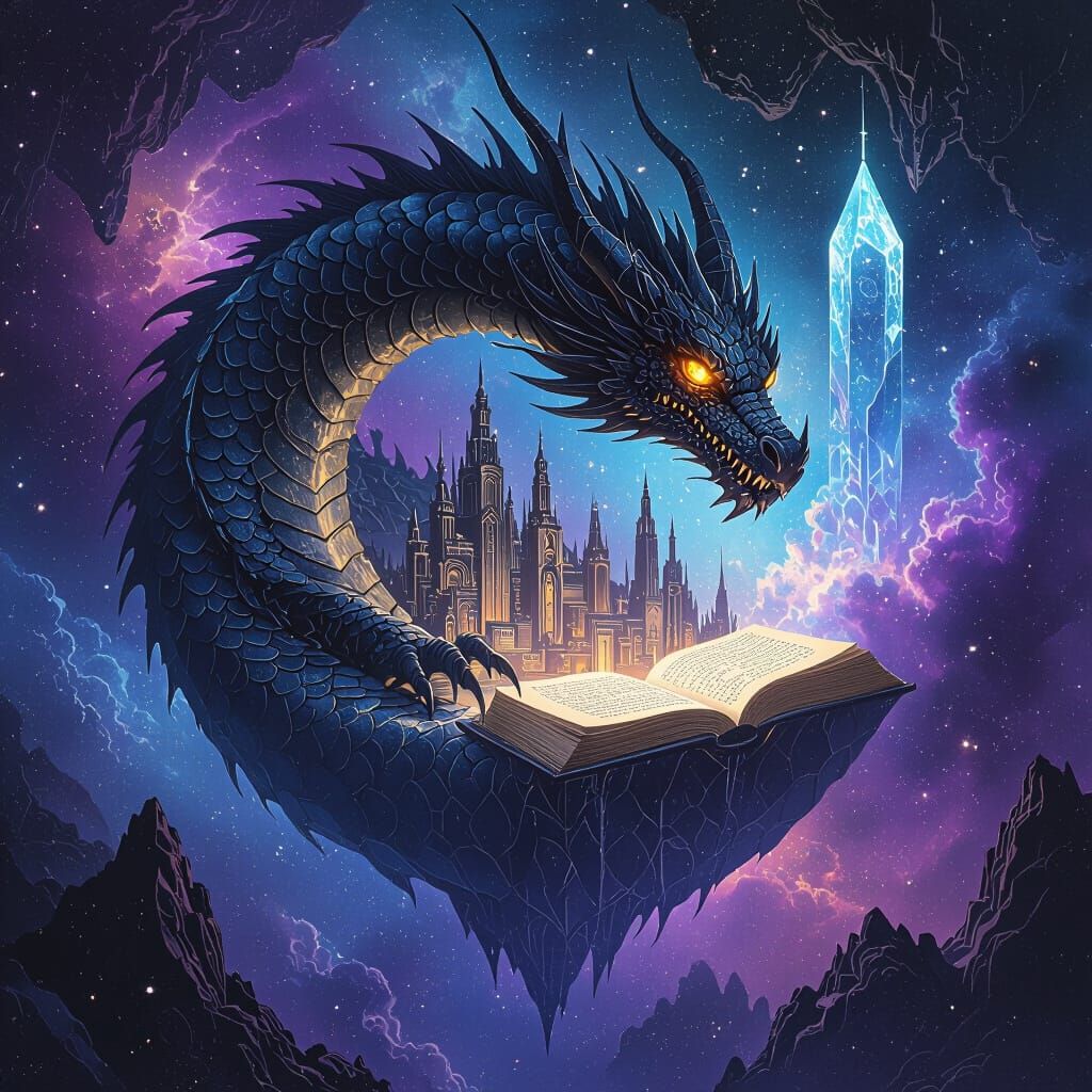 Ancient Dragon Guards Cosmic Library in Surreal Space