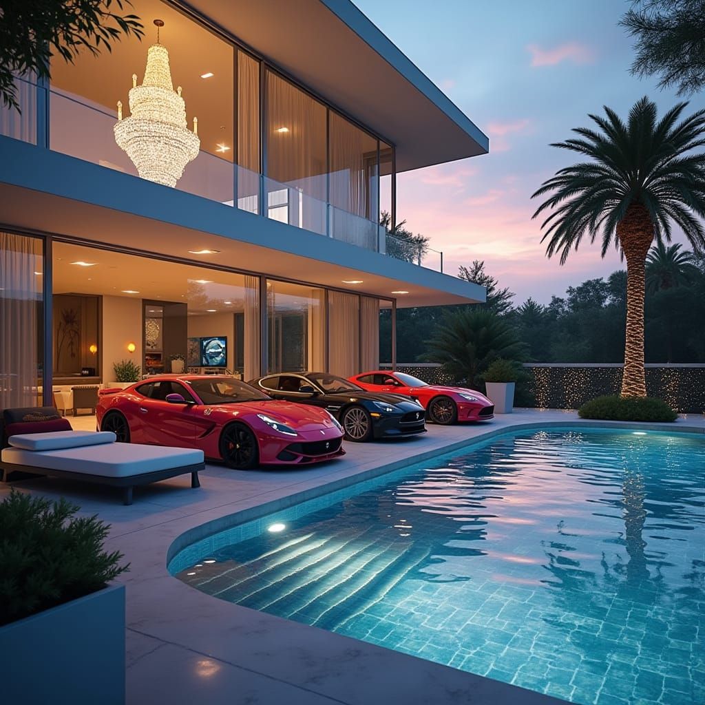 Luxury Cars in Vibrant Hues, with Opulent Rooftop Pool and C...