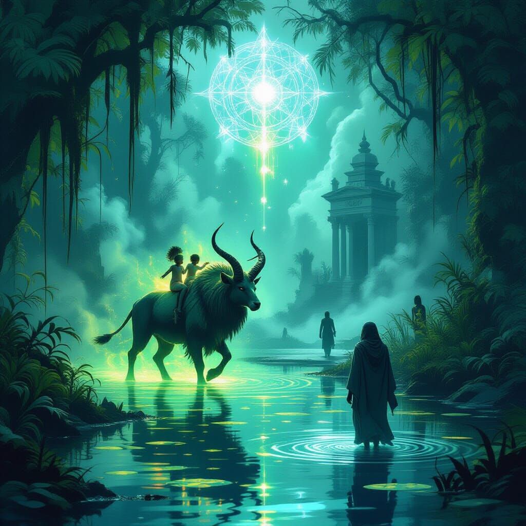 Mystical Jungle with Glowing Swamp: Surreal Dreamscape