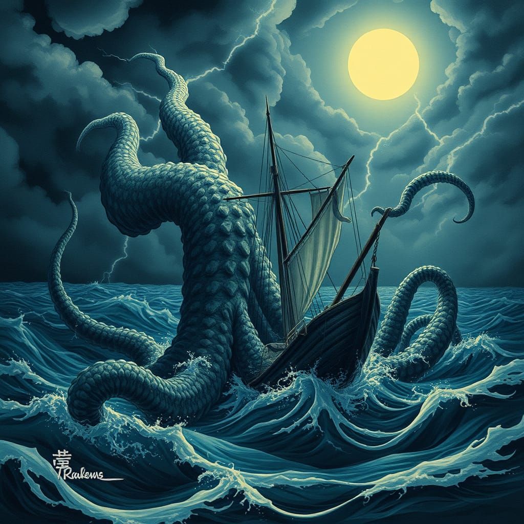 Kraken Engulfed Sailboat in Turbulent Sea
