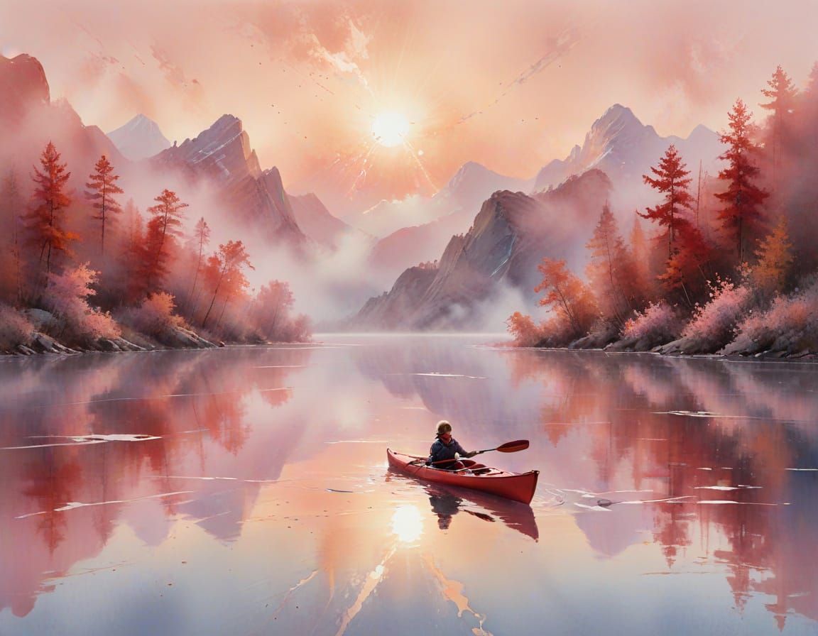 Crimson Kayak on Rose-Gold Lake: Watercolor Painting