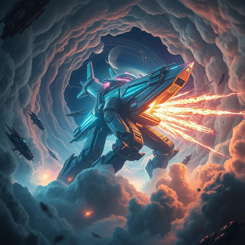 Epic Space Battle: Bioluminescent Mecha in Apocalyptic Neon