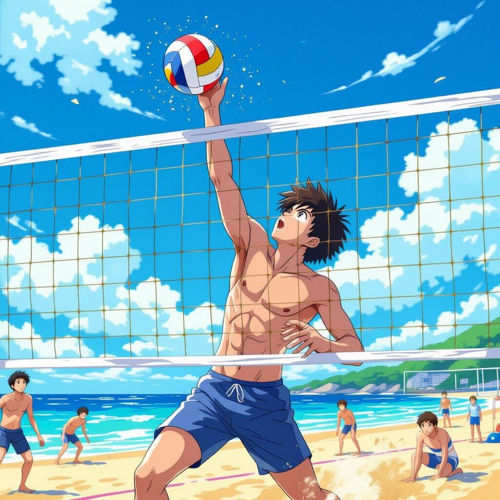 Anime style, Studio Ghibli, summer, beach volleyball male player spiking the ball over the net. Impressionistic, pointil...