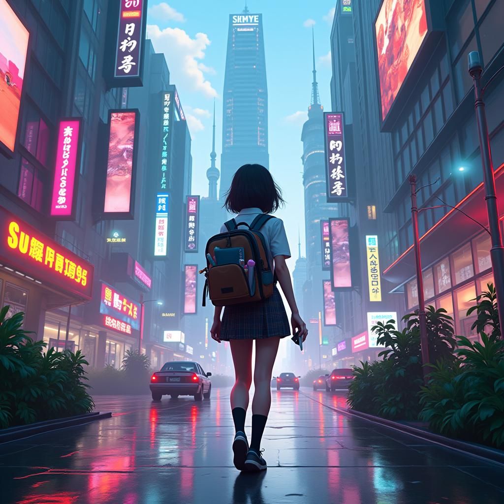 Teenage Girl in Futuristic Cityscape, Digital Art