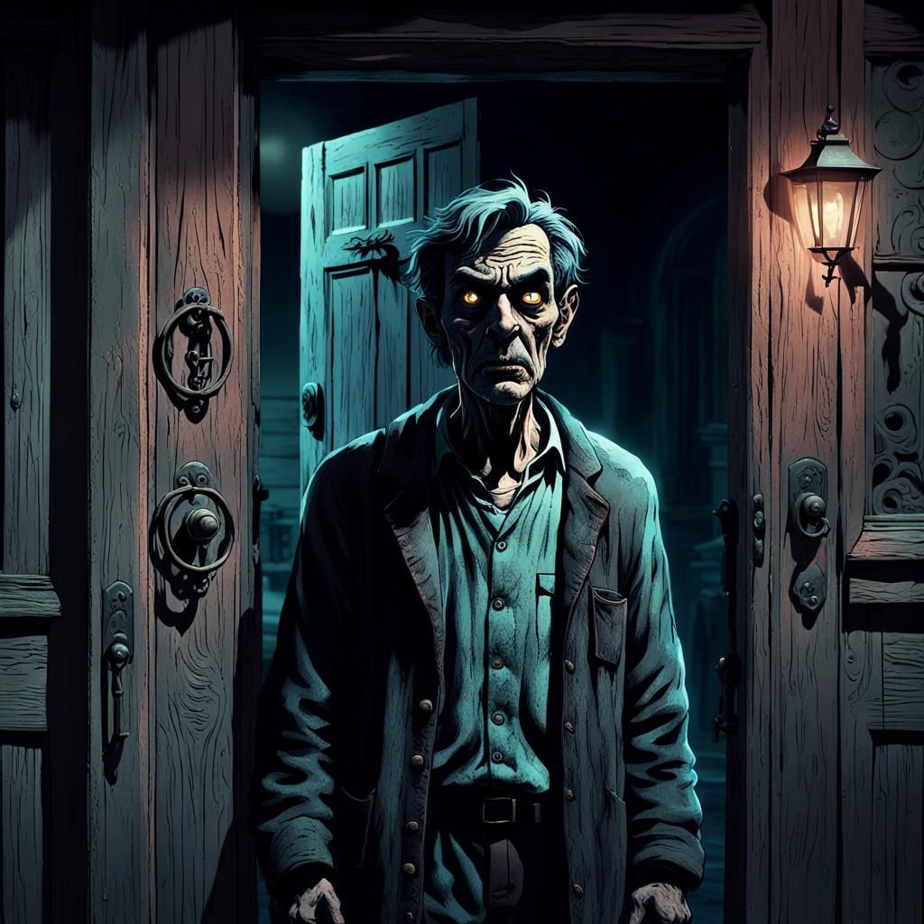 Startled Man at Haunted House Door