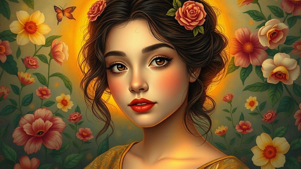 Whimsical Floral Goddess in Warm, Golden Light