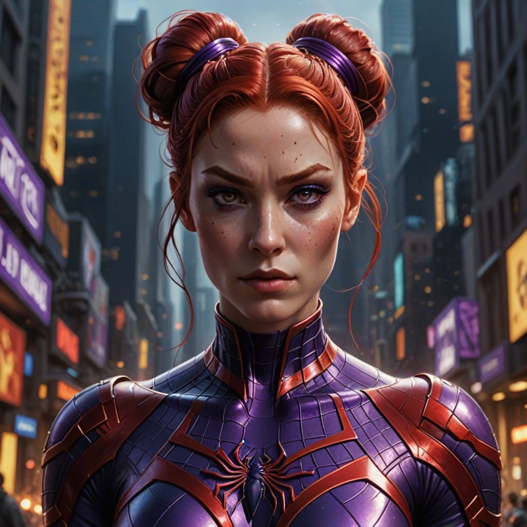 Red-Haired Girl in Purple Spider Suit: Fantasy Art