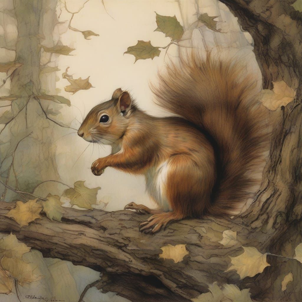 Whimsical Forest Scene with Tiny Squirrel and Giant Pine Nut...