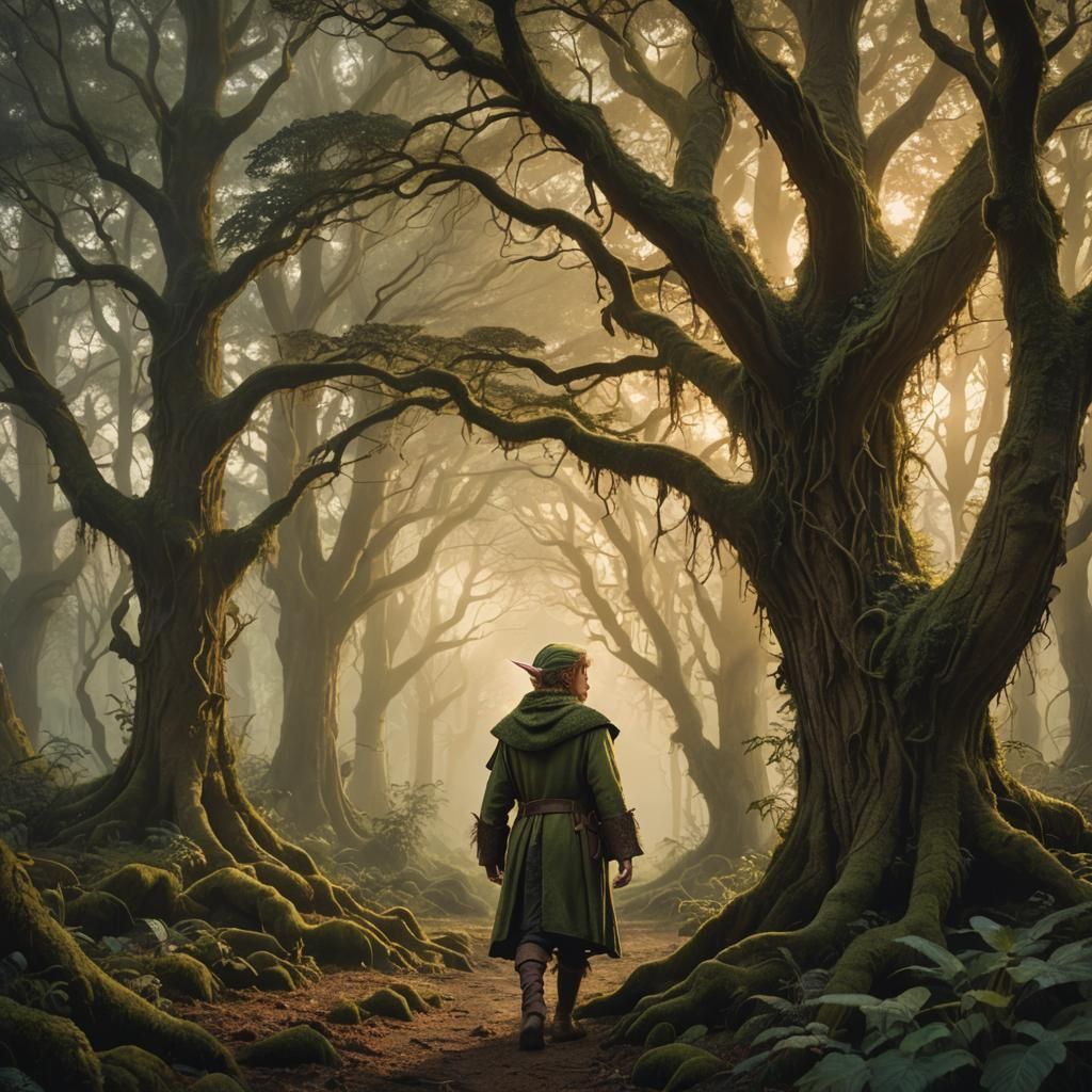 Mystical Elf in Forest at Twilight: Cinematic Illustration