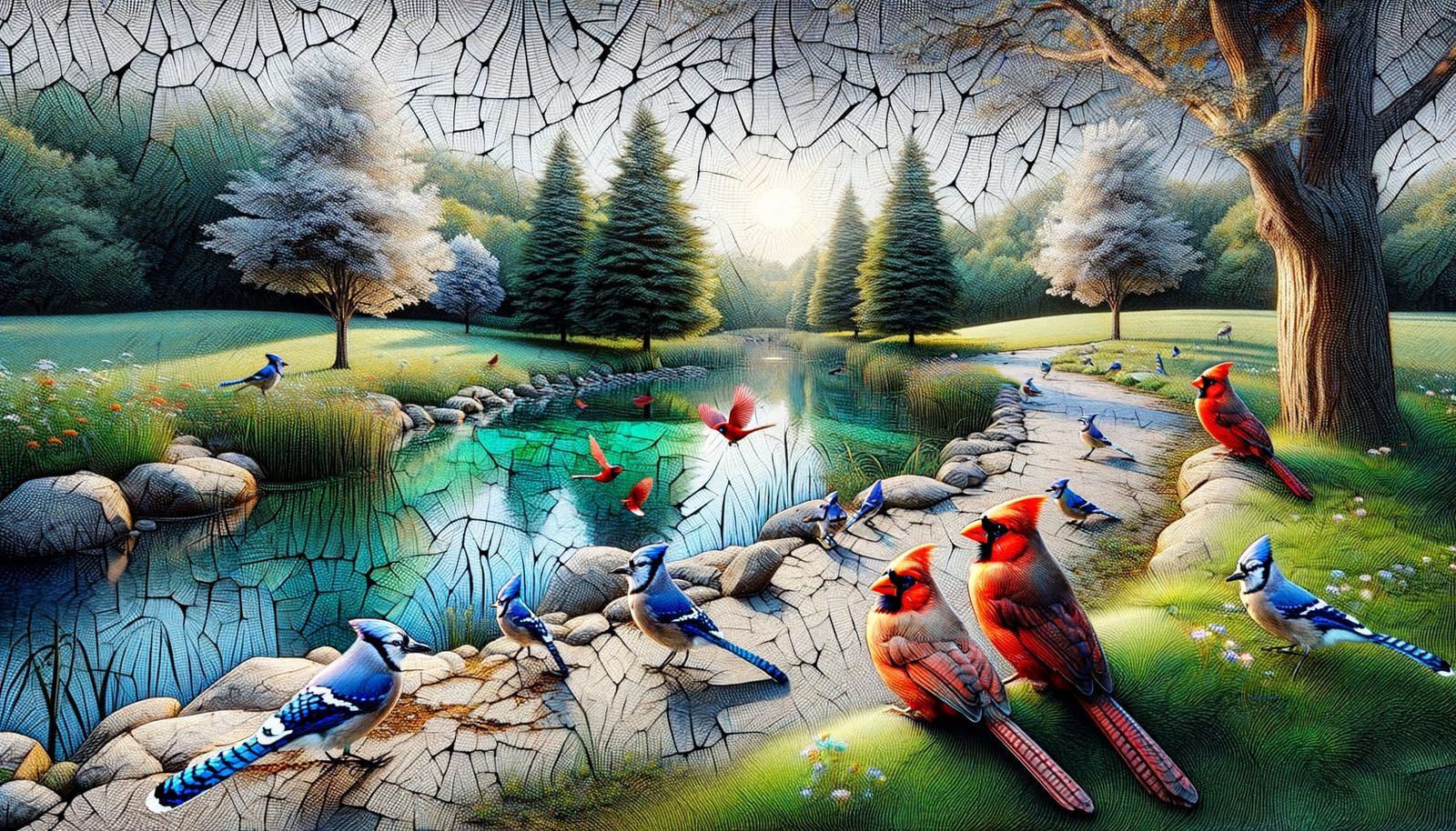 Cardinal and Blue Jay Families in Shattered Landscape