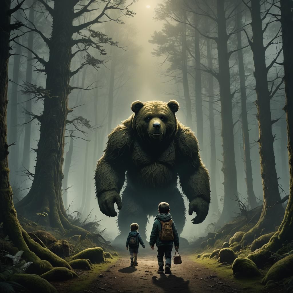 Child Stalked by Monster Teddy Bear in Dark Forest