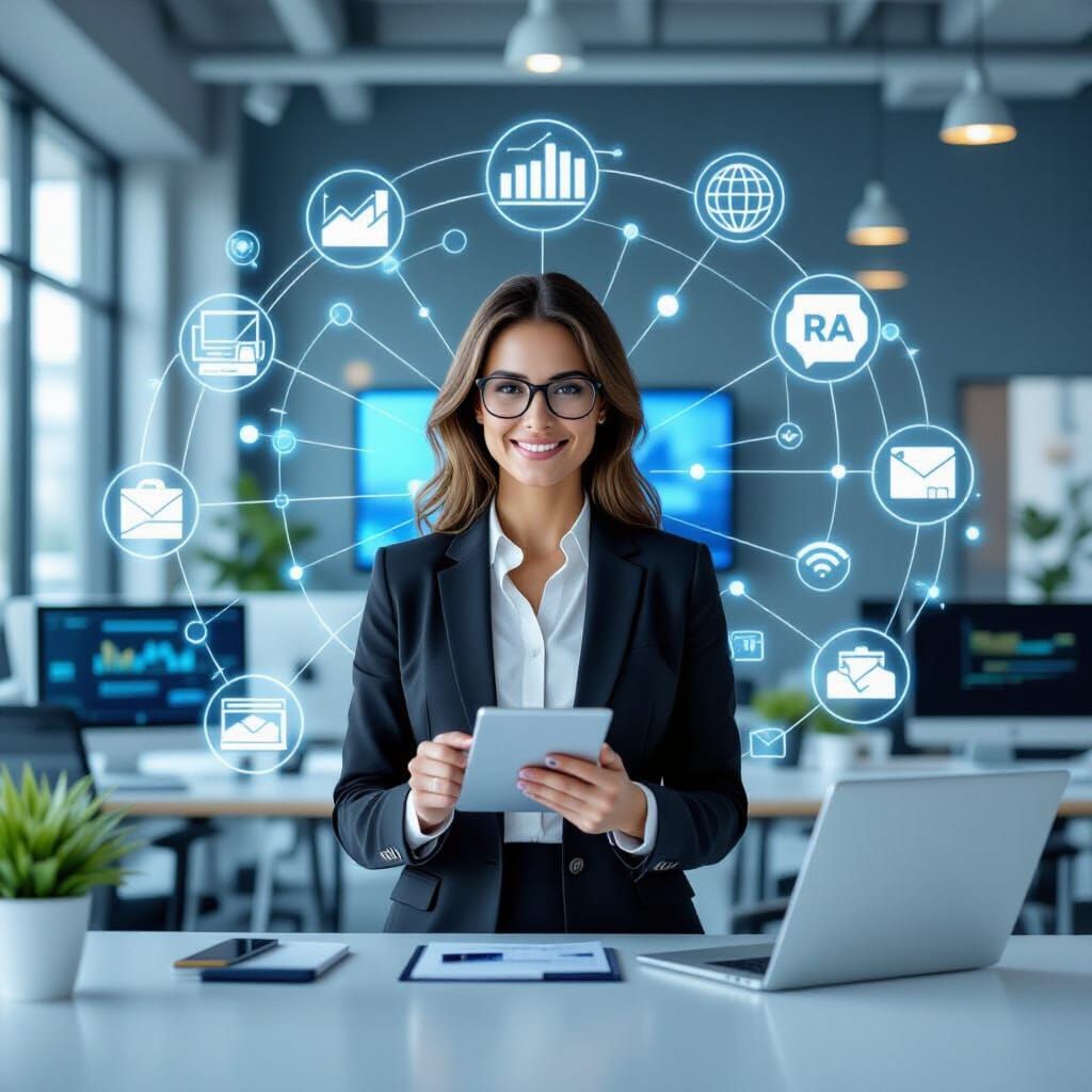 Futuristic Office with Tech Icons and Professional Woman