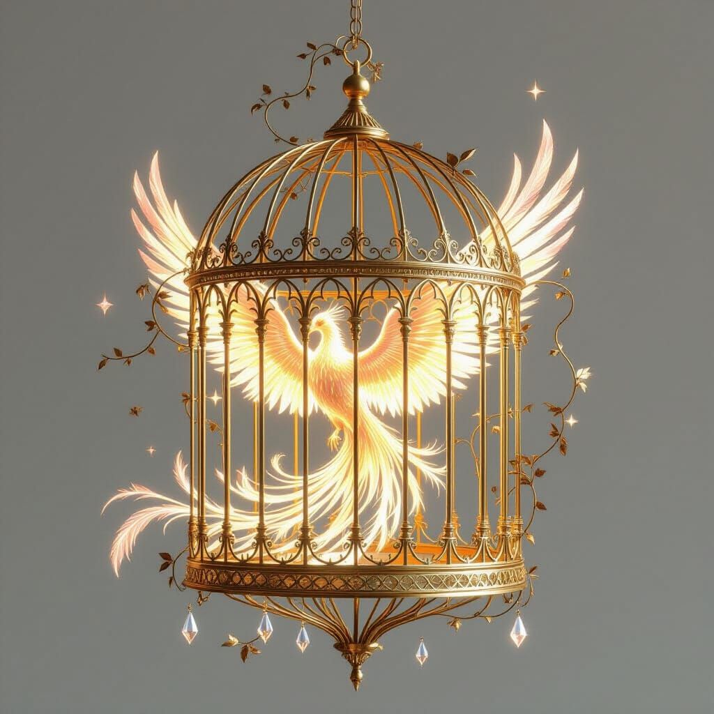 Surreal Golden Birdcage with Glowing Mythical Bird