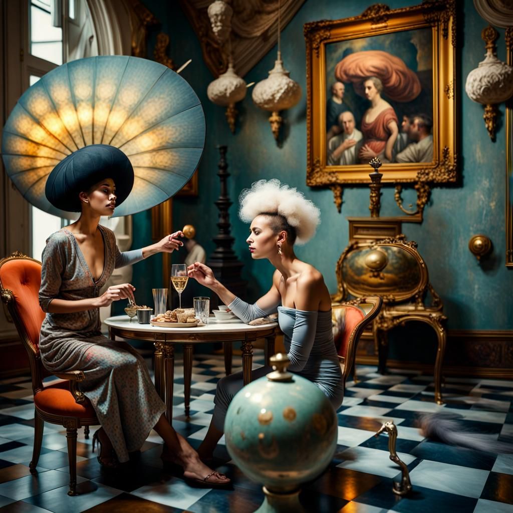 Happy Couples in Art Museum, Hyperrealistic Photography