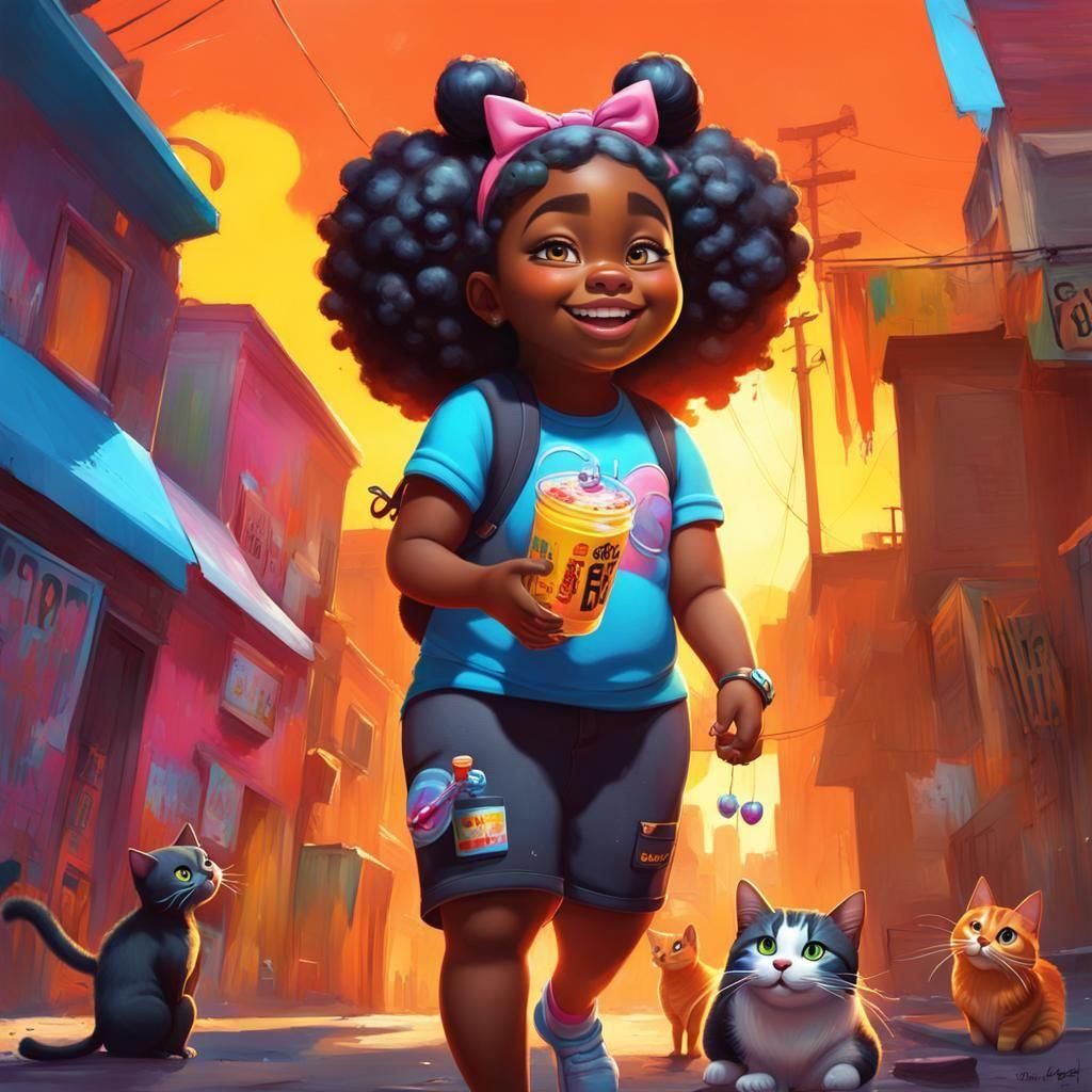 Girl Celebrates Cat Day in Graffiti Art Style