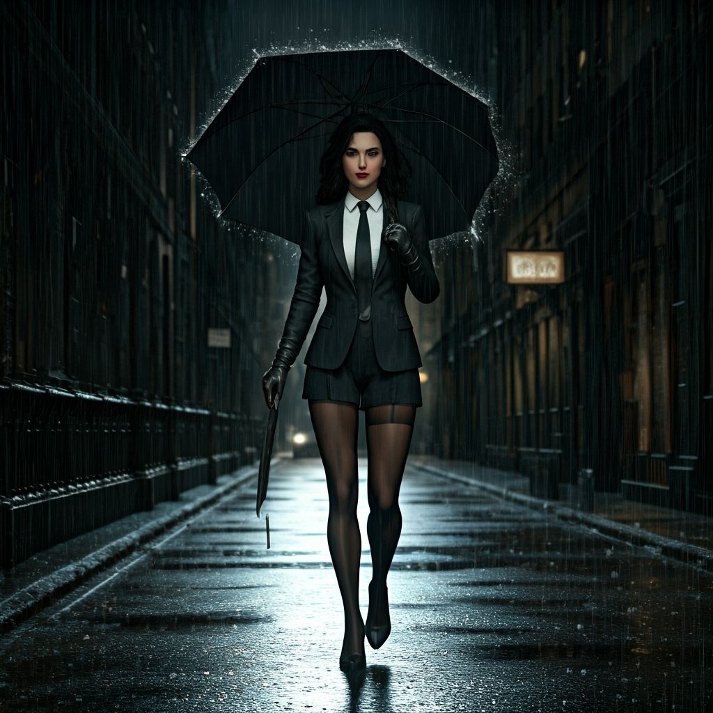 Diana Prince Strides Through Rainy Gotham Night