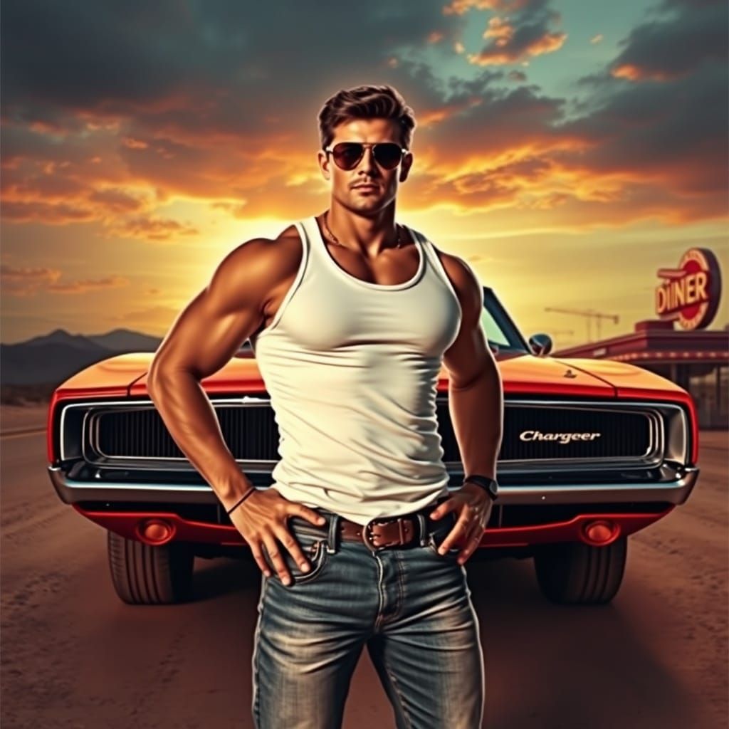 Muscle Car and Man Posing at Sunset