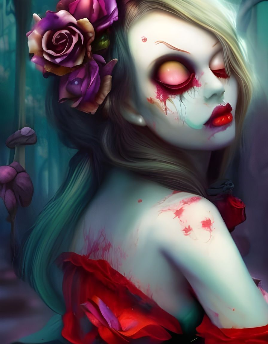 Zombie in Red Dress with Roses: Digital Art