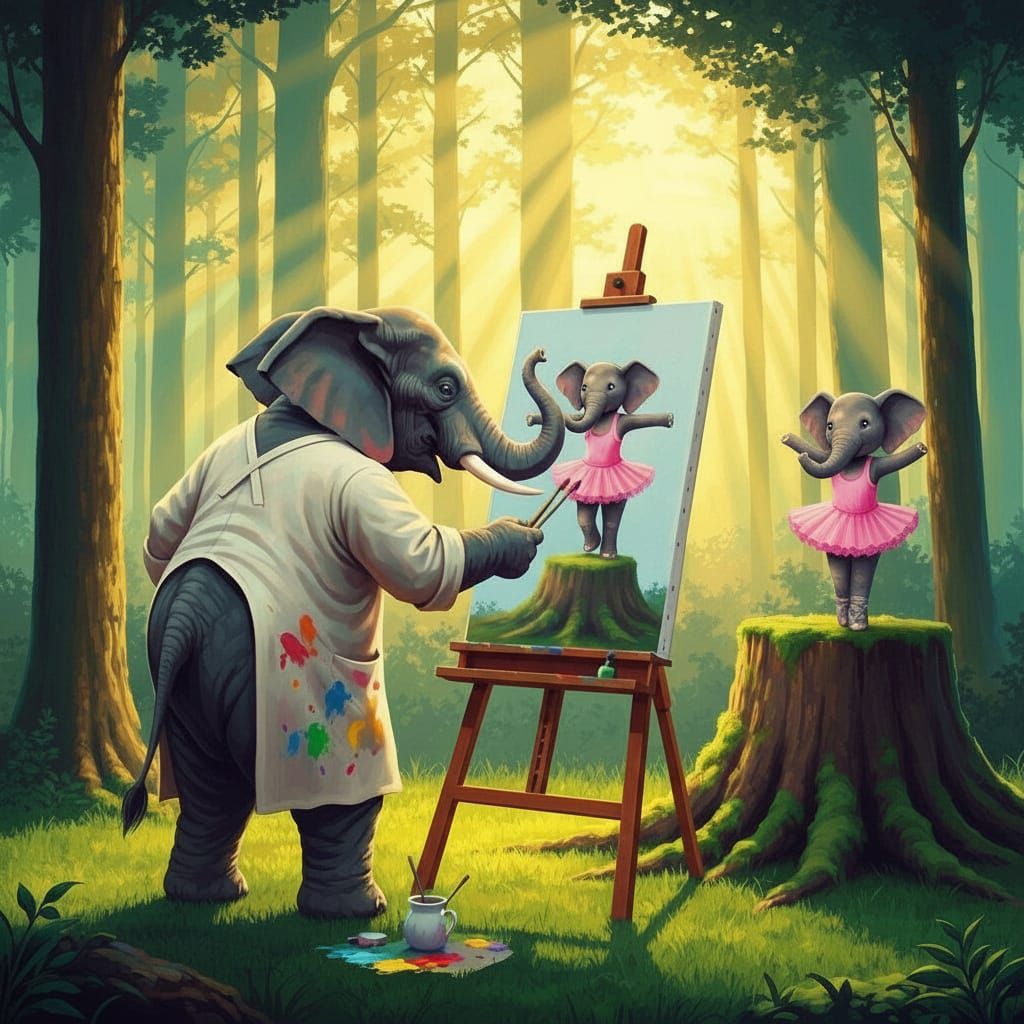 Elephant Artist Painting in Sun-Dappled Forest