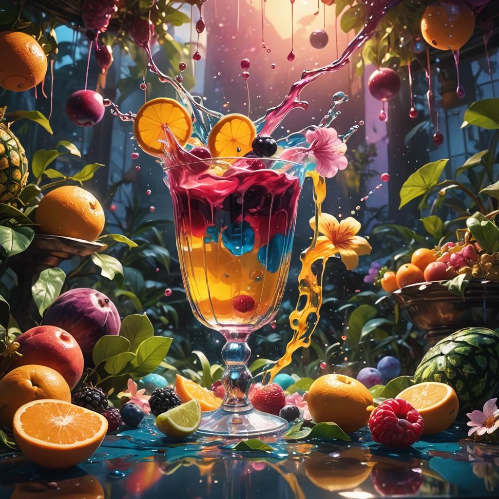 Juice Overflowing in a Lush Fantasy Dreamscape