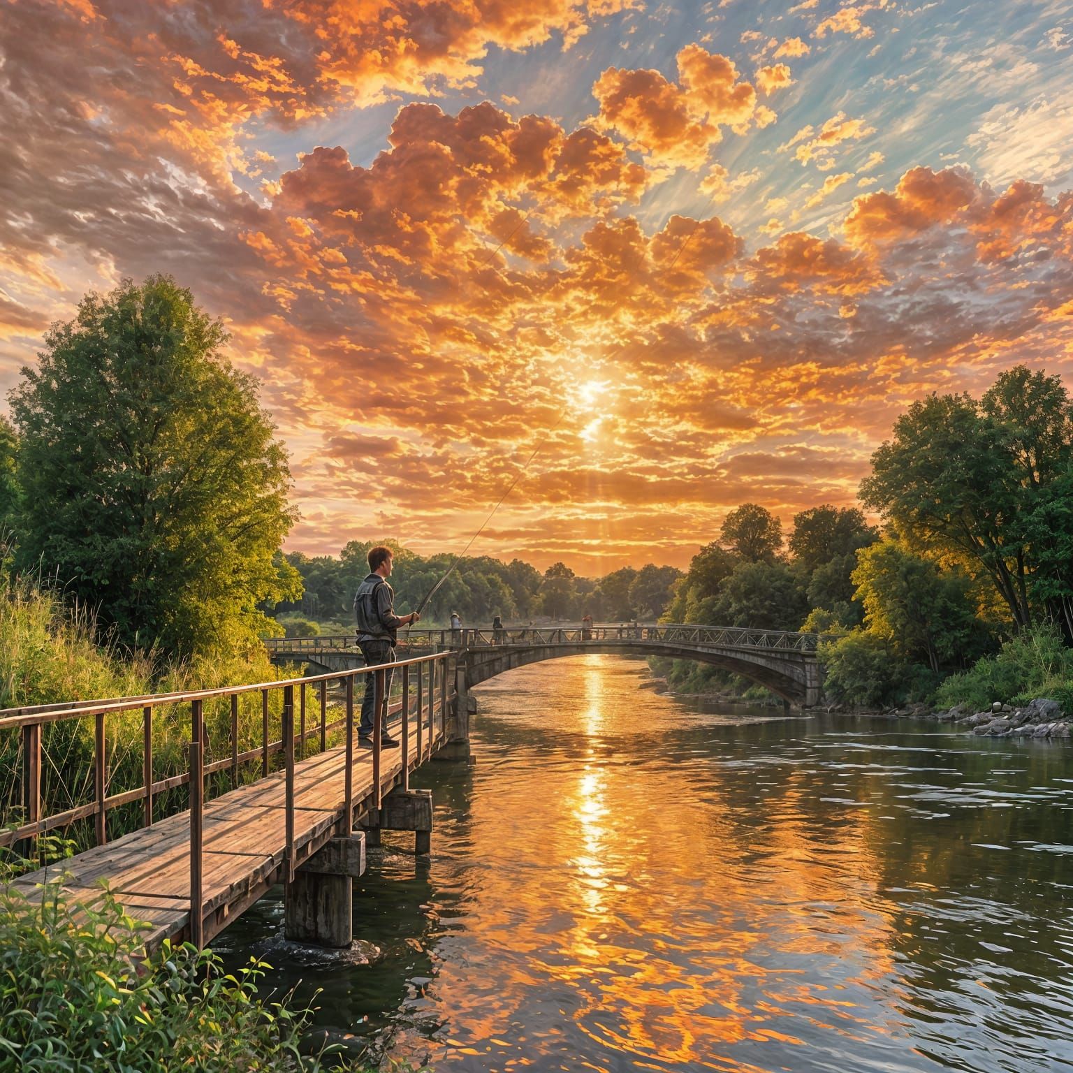 Boy Fishing at Sunset Over River Bridge
