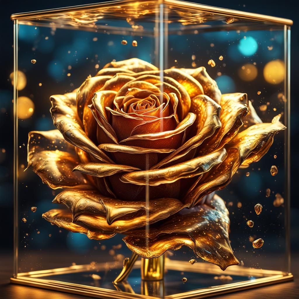 Glowing Golden Rose in Glass Case