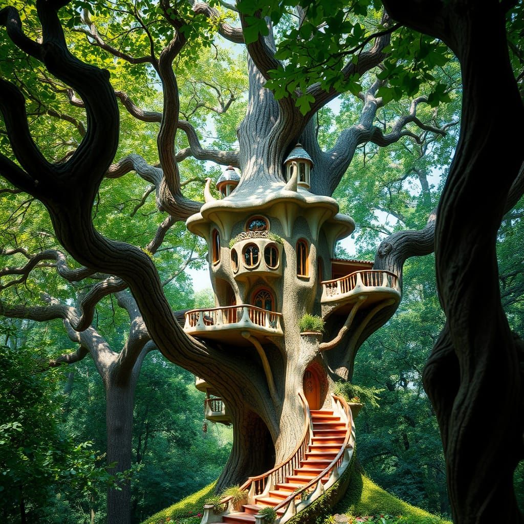 Whimsical Treehouse in Art Nouveau Style