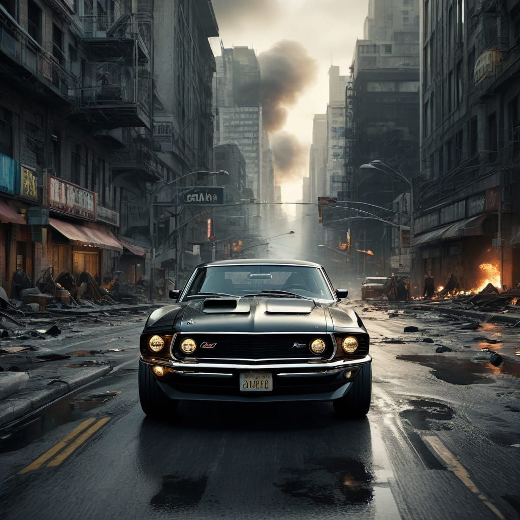 Sleek Matte-Black Mustang Speeds Down a Moonlit Highway