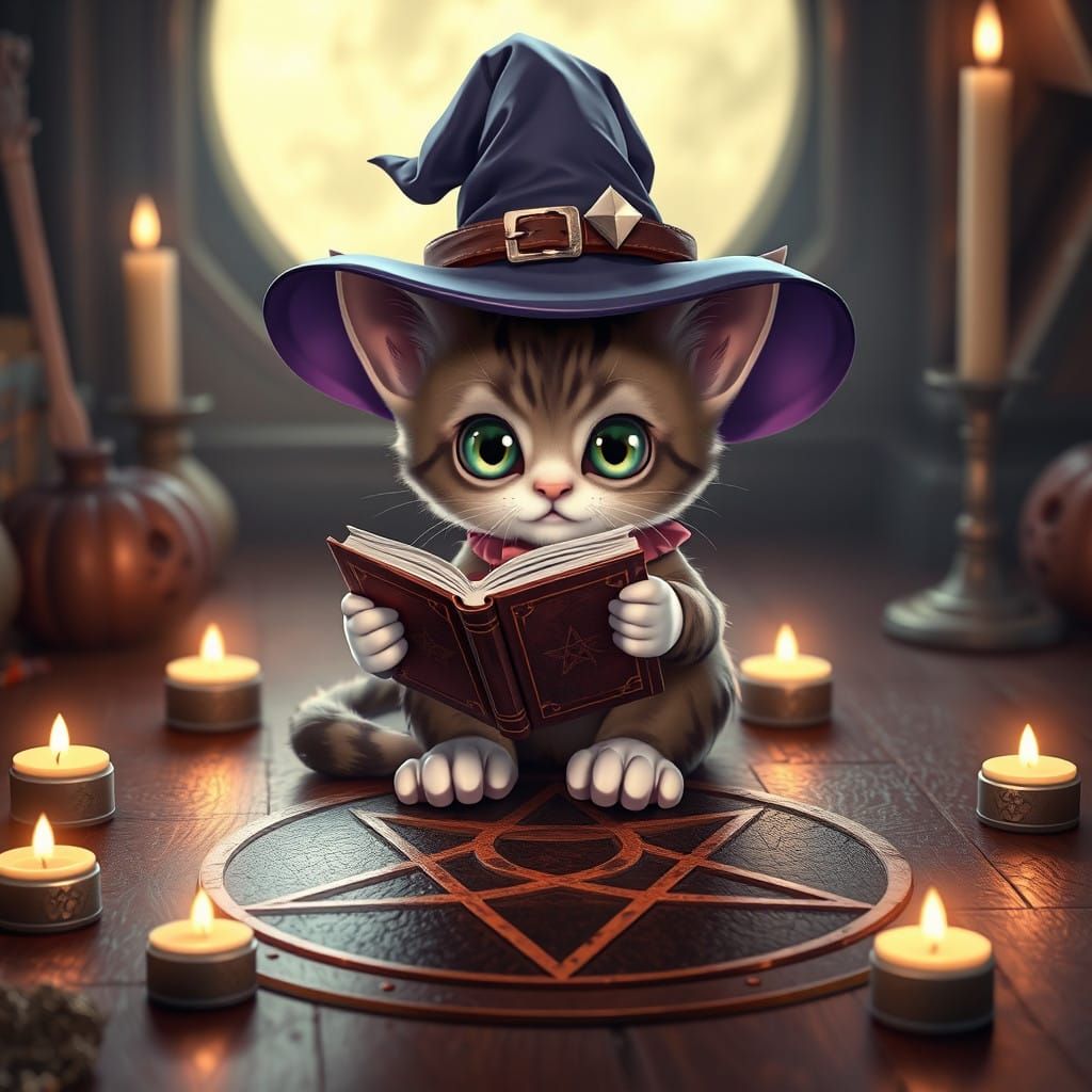 Kitten Witch in a Magical Study