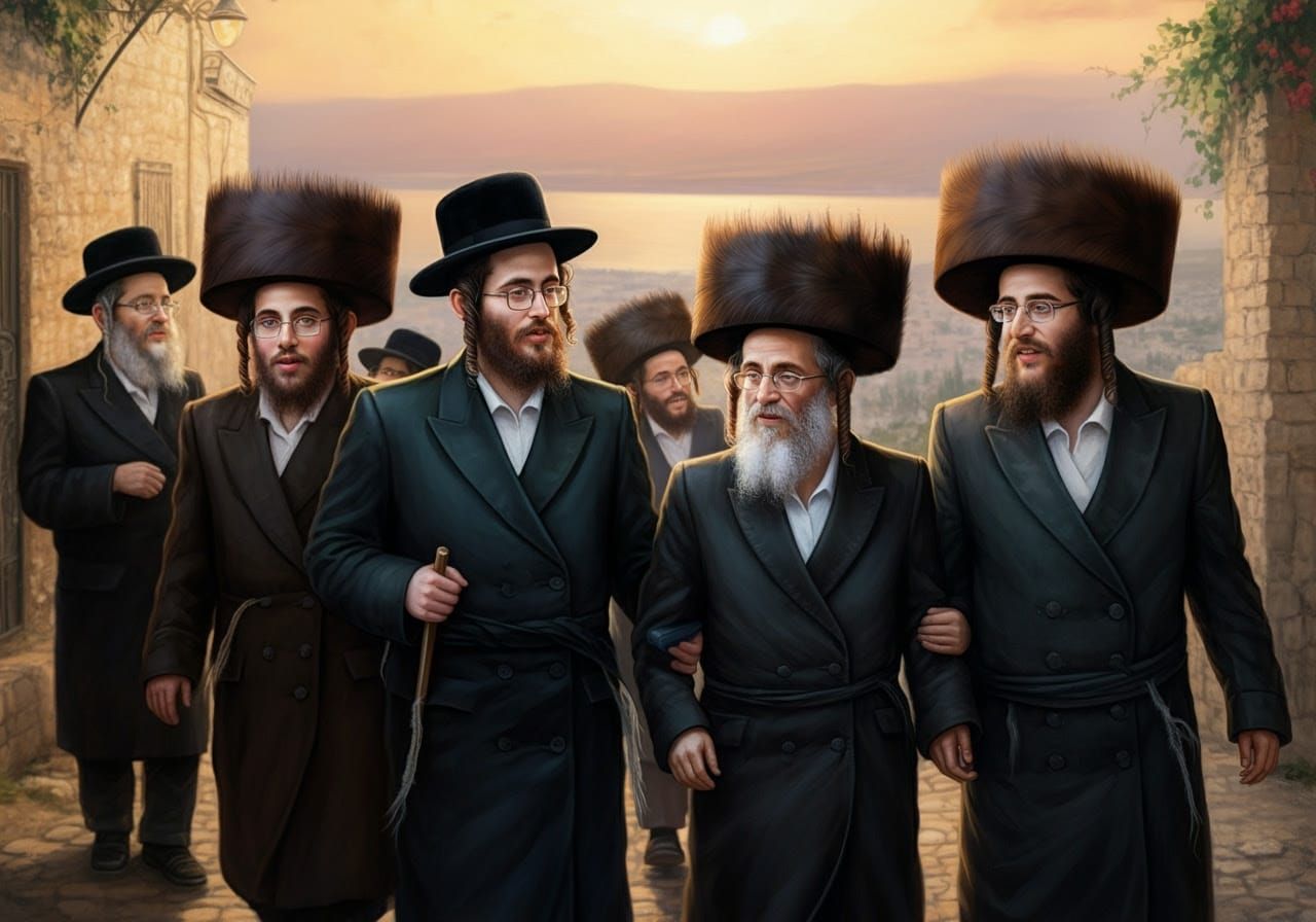 Hasidic Jews Stroll Through Sunset Streets in Traditional At...