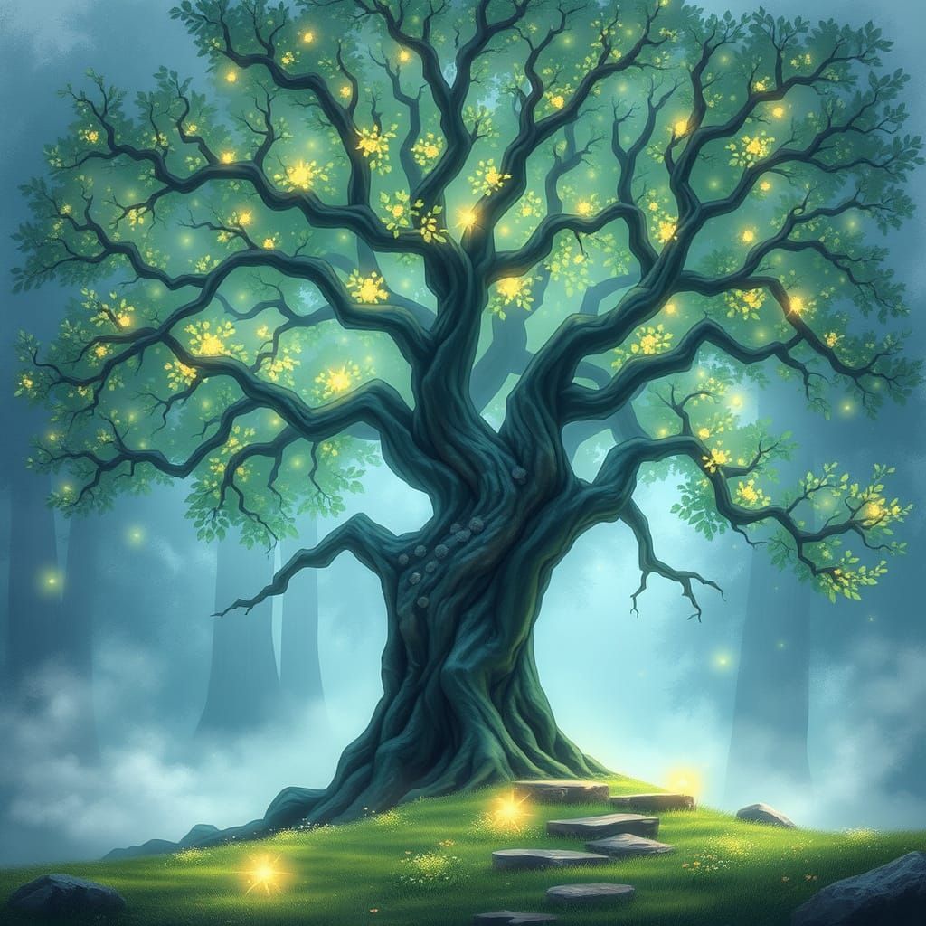 Ancient Bioluminescent Tree in Misty Forest Clearing