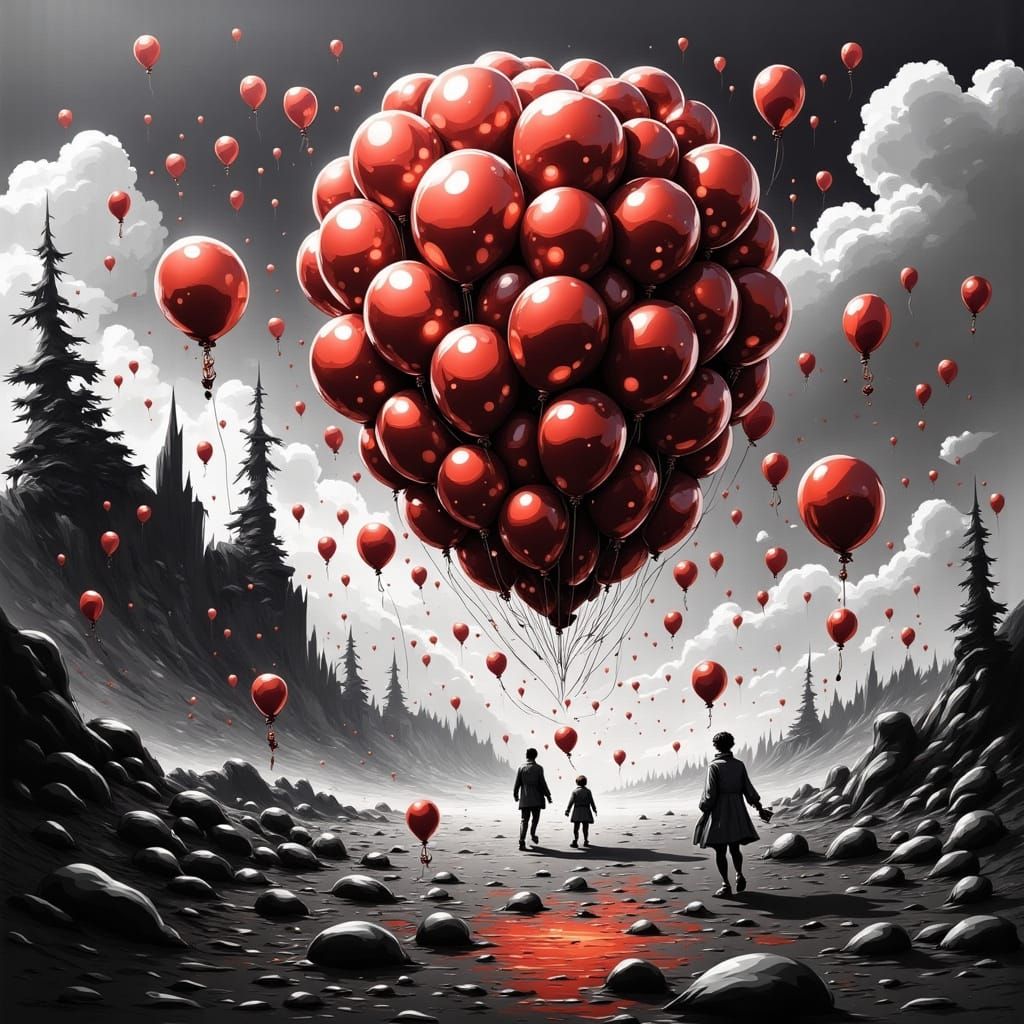 Surreal Monochromatic Landscape with Crimson Balloons