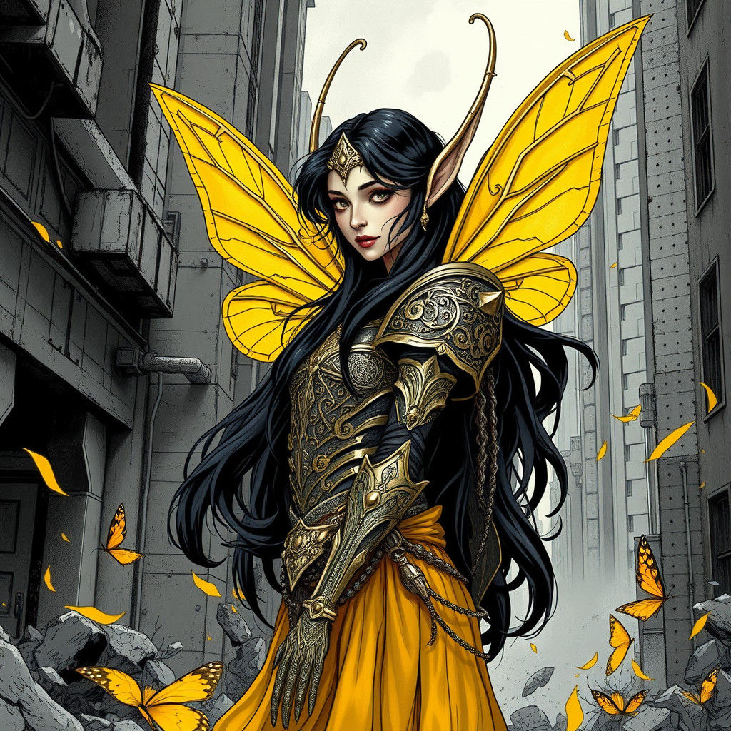 Decadent Elf with Yellow Wings in Comic Book Style