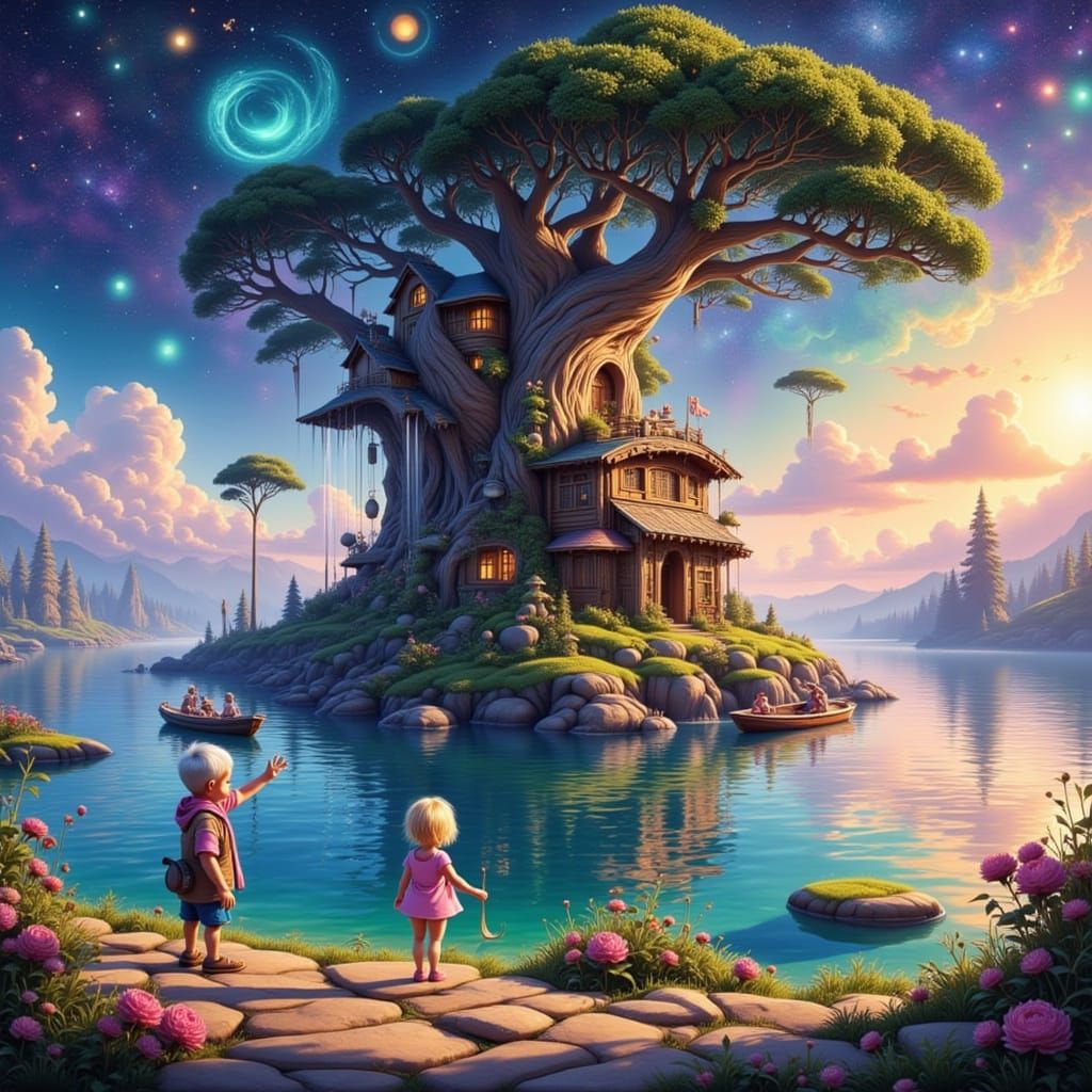 Grandchild and Grandad by Shimmering Lake with Hobbit Cafe